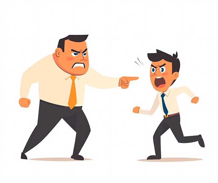 Dibujos de dos compañeros de trabajo que discuten entre sí con gestos de agrevisidad